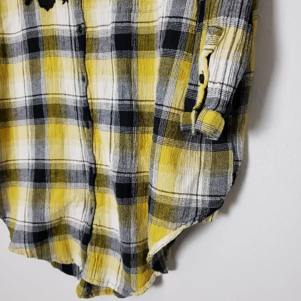 Maeve Anthropologie Plaid Flannel Tunic Floral Embroidered Oversized Shirt XS - Picture 7 of 12